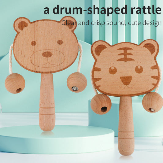 Christmas toy gift: wooden cartoon tambourine, baby toy, newborn baby can chew on the shaking drum, traditional children's early education hand bell